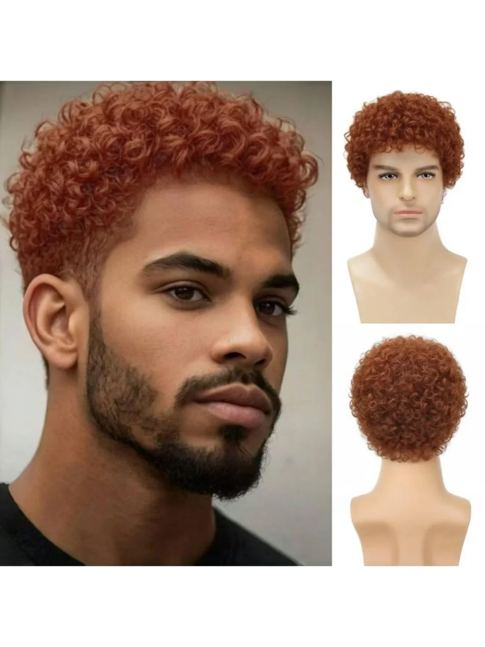 Men Orange Short Afro Kinky Curly Natural Synthetic Wig Shag Bangs Cosplay Style